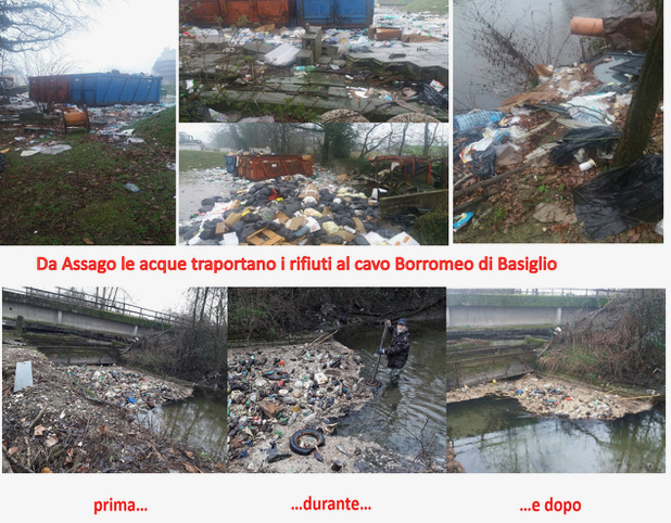 Sentinelle a ripulire l’isola di plastiche sul Cavo Borromeo a Basiglio (quello del botulino) ma la causa sta nell’immondezzaio di Assago